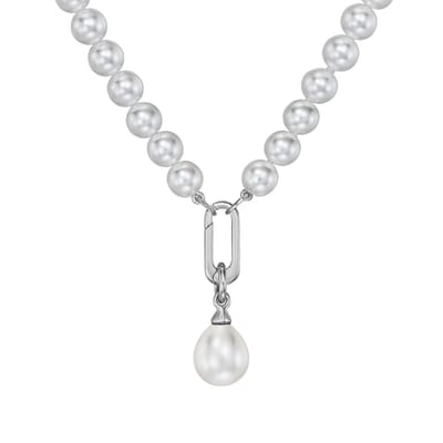 Traveller Parelcollier met Hanger - Dames Ketting - Parels - 8 mm - Wit - Parel - 14x12 mm - Ovaal - 45 cm - Geplatineerd - Zilverkleurig - 114318