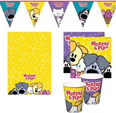 Woezel & Pip feestpakket - Kinderfeest - Tafelkleed - Servetten - Drinkbekers - Vlaggenlijn