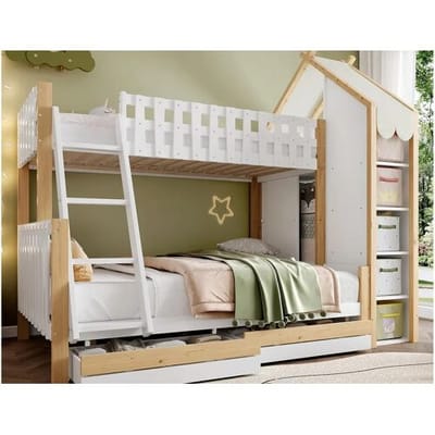 ModernLuxe Stapelbed 90x200cm + 140x200cm - met ladder - 2 lades - met plank - wit + natuur (matras niet inbegrepen)