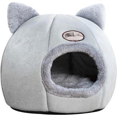 Tente pour animaux de compagnie, lit grotte pour chats/petits chiens, tente 2 en 1 auto-chauffante en velours pour chat/lit pour chaton/cabane pour chat avec