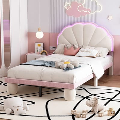 PHOEBE CAT Kinderbed - 90x200 cm - LED-verlichting - Velvet - Beige + Roze