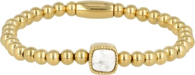 My Bendel - Goudkleurige Elastische Bedelarmband met Howlite Edelsteen - Goudkleurige Howlite Armband - Luxe Elastische Damesarmband - met Luxe Cadeauverpakking | Sieraden Voor Dames | Maat S