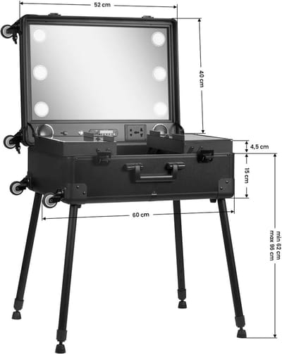 Mobiel Make-up Werkstation op Wielen met Verlichte Spiegel, Speakers, Bluetooth & Verstelbare Poten – Zwart
