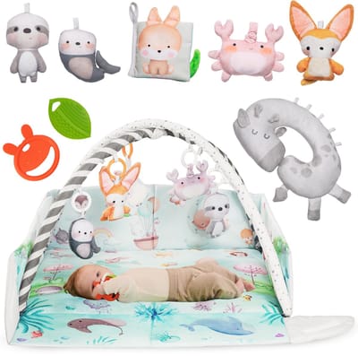Lionelo Anika Natural Bamboe Babygym & Speelmat met Speelboog – 8 Sensorisch Baby Speelgoed & Tummy Time Kussen – vanaf 0 Maanden – Opstaande Rand – Montessori Babyshower Cadeau – Interactief & Educatief Speelkleed – Activiteitenkussen