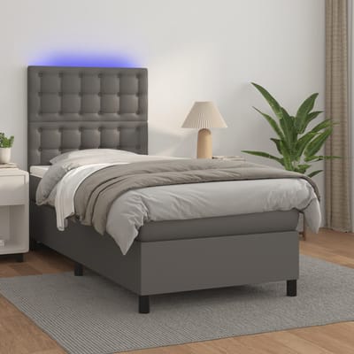 vidaXL - Boxspring - met - matras - en - LED - kunstleer - grijs - 90x200 - cm