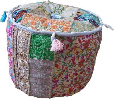 Bohemien stijl Ottomaanse poef - Indianen interieur - Voetenbank vloer kussen - Indiase geborduurde patchwork poef - Grijs stoel