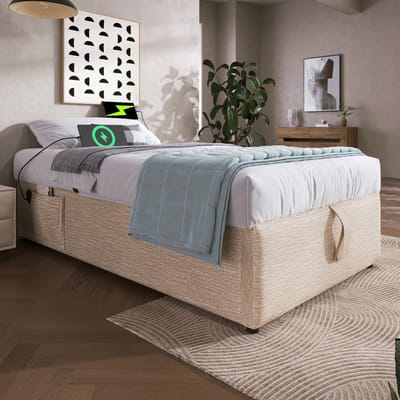 MEUNIQ eenpersoons bedframe 90x200 cm met opbergruimte, USB en Type-C, zonder hoofdbord, linnen look in beige en naturel voor slaapkamer