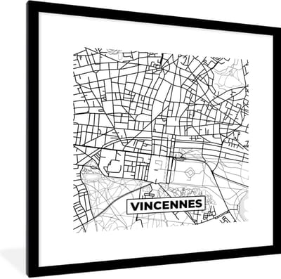 Fotolijst incl. Poster Zwart Wit- Frankrijk – Vincennes - Plattegrond – Stadskaart – Kaart - Zwart wit - 40x40 cm - Posterlijst