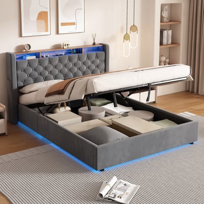 STILVORA Fluwelen Bed 140x190 Cm - Met Opbergruimte En Stopcontact - Donkergrijs