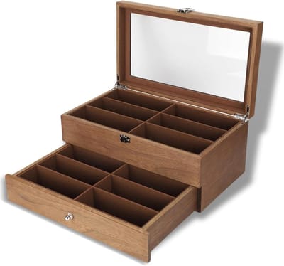 Dubbellaags Glas Vitrine Doos - Houten Organizer met 12 Slots voor Decoratie Display en Opslag
