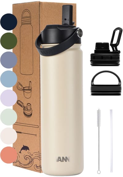 VANN® 3-Wandige RVS Drinkfles 650 ML met rietje voor volwassenen – Met 5 accessoires – Thermosfles – 24 uur koud/12 uur warm – Oatmeal – VANN Ultimate Bottle®
