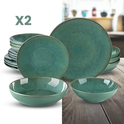 Luxe serviesset – 32 delig – 8 persoons – Porselein - Bordenset – Dinner platen – Dessertborden - Kommen - Pastabord - Groen