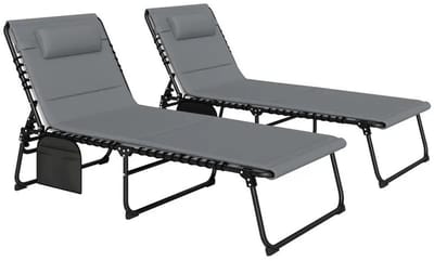 Emvae Ligbed - Zonnebed - Set van 2 - Opvouwbaar - Verstelbare Rugleuning - Met Hoofdkussen - 189 x 68 cm - Staal en Mesh - Donkergrijs