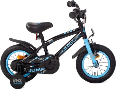 AMIGO BMX Jump Jongensfiets 12 Inch - Kinderfiets voor 2 tot 4 Jaar - 90-105 cm - Met Zijwieltjes - Zwart/Blauw