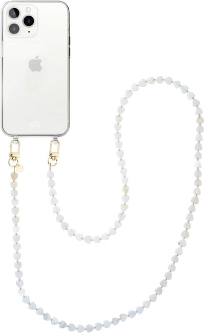 xoxo Wildhearts siliconen hoesje - Geschikt voor iPhone 12 Pro Max hoesje - Shell Hearts (long) - Telefoonhoesje - Hoesje met koord - gekleurde hartjes - Lang koord - Transparant hoesje met telefoonkoord - Beige / Crème