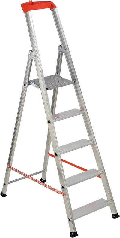 Trapladder Aluminium - Keukenladder Opstap - Veilig Klussen - Zwaar Gebruik Profiel - 187 cm Hoogte - Grijs