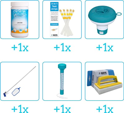 Zwembad Onderhoudspakket - Onderhoud Zwembad - bevat Chloor - Testrips - Chloordrijver - Schoonmaakset - Thermometer en Scrubborstel (6-delig)