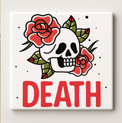 Death Schedel en Rozen Kunsttegel – 15x15cm Keramische Gotische Wanddecoratie – Stoer Tattoo-Stijl Ontwerp voor Huis of Studio