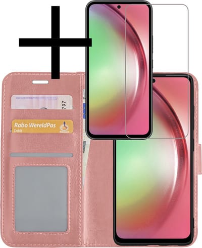 Hoesje - Met Screenprotector - Geschikt voor Samsung Galaxy A54 - Luxe Pasjeshouder - Bookcase Portemonee - Flip Case - Kunstleer Book Case - Flipcase - Book Cover - Walletcase - Portemonneehoes - Rosé goud