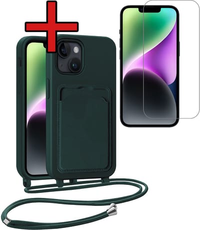 Hoesje Geschikt voor iPhone 13 Hoesje Met Telefoonkoord en Pasjeshouder Met Screenprotector Siliconen - Hoes Geschikt voor iPhone 13 Hoesje Met Kaarthouder Case - Donkergroen