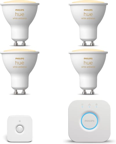 Philips Hue Starterspakket - GU10 - met 4 Spotjes - Warm tot Koelwit Licht - Incl. 1 Hue Bridge, 1 Hue Bewegingssensor voor Binnen - Hue White Ambiance