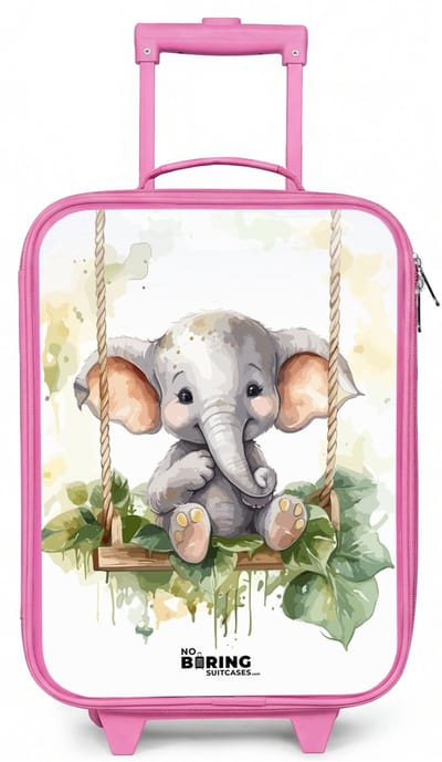 NoBoringSuitcases.com® - Kinderkoffer roze - Kindertrolley meisje - Jong olifantje op een schommel waterverf tekening - Koffer kind lichtgewicht - Reiskoffer trolley voor kinderen - Koffertje met lichtgevende wieltjes - Rolkoffer