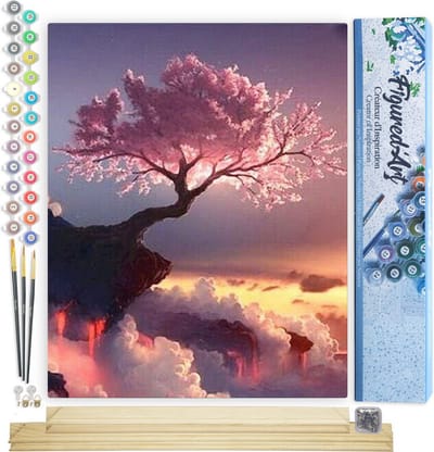 Figured'Art Schilderen op Nummer Volwassenen canvas Roze Boom - Handwerk acrylverf Kit DIY Compleet - 40x50cm met DIY houten lijst