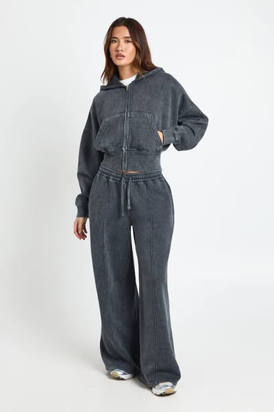 boohoo Dames Gewassen Tracksuit met Hoodie, Dubbele Rits en Getailleerde Taille | Houtskool | Maat: Large