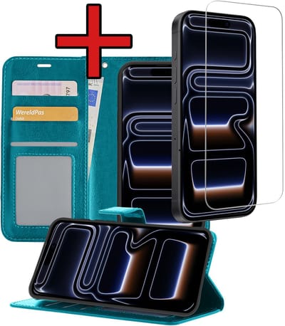 Hoesje - Met Screenprotector - Geschikt voor iPhone 17 Pro / 18 Pro - Luxe Pasjeshouder - Flipcase - Bookcase Portemonee - Flip Case - Kunstleer Book Case - Book Cover - Walletcase - Portemonneehoes - Telefoonhoes - Turquoise