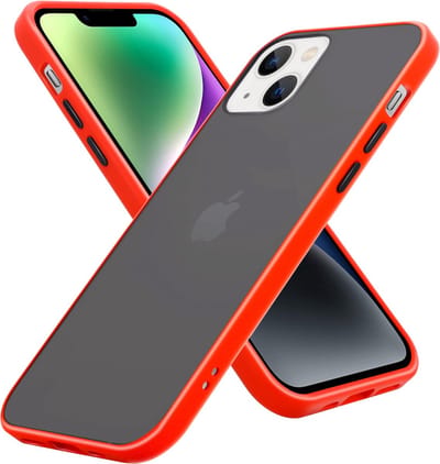 Cadorabo Hoesje geschikt voor Apple iPhone 14 PLUS in Mat Rood - Zwarte Knopen - Hybride beschermhoes met TPU siliconen Case Cover binnenkant en matte plastic achterkant