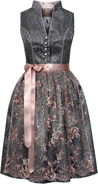 Midi Dirndl Grijs Oudroze Klassiek – Exclusieve Tracht Jurk met Kanten Schort