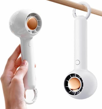VHV - Handventilator - Mini ventilator - Draagbare ventilator - Bladloze ventilator - Stil - Oplaadbaar - Met musketonhaak - Voor op reis, kantoor en onderweg - USB - Wit