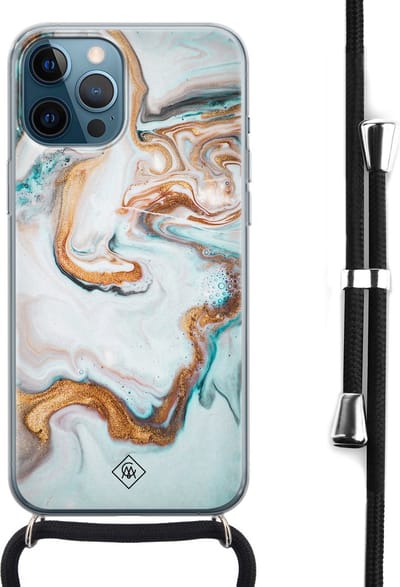 Casimoda® hoesje met koord - Geschikt voor iPhone 12 Pro Max - Marmer Blauw Goud - Afneembaar koord - Siliconen/TPU - Blauw