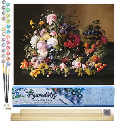 Figured'Art Schilderen op Nummer Volwassenen canvas Fruit en Bloemen - Severin Roesen - Handwerk acrylverf Kit DIY Compleet - 40x50cm met DIY houten lijst