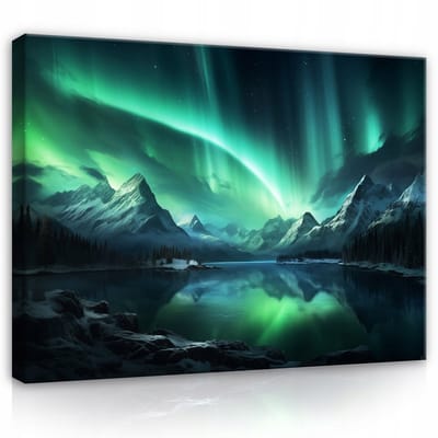 WALLARENA - Canvas schilderij - 100x70 cm - afbeelding van het noorderlicht boven turquoise bergen, natuur voor slaapkamer en salon