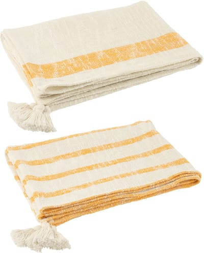 J-Line plaid Strepen + Kwasten - katoen - wit/oranje - 2 stuks