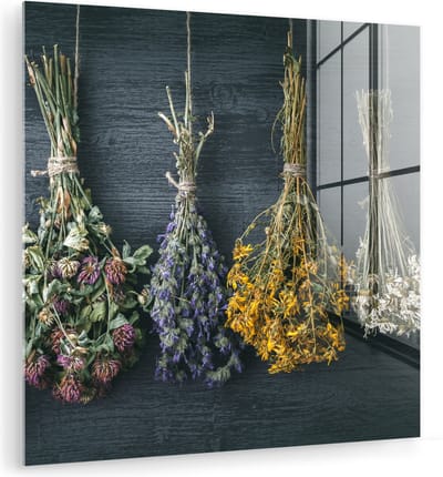 MuchoWow® Glasschilderij 90x90 cm - Schilderij acrylglas - Droogbloemen - Bloemen - Boeket - Stilleven - Touw - Bundel - Foto op glas - Muurdecoratie woonkamer - Wanddecoratie slaapkamer - Schilderijen