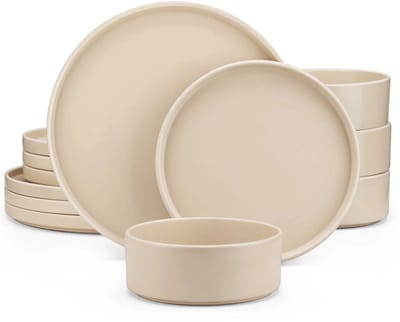 Luxe Serviesset- 12 delig – 4 persoons – Steengoed - Bordenset – Dinner platen – Dessertborden - Kom - Beige