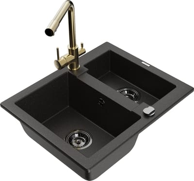 Mexen Carlos granieten spoelbak 1,5-komorige met keukenmengkraan Duero, zwart/goud metallic - 6518-75-671600-50-B