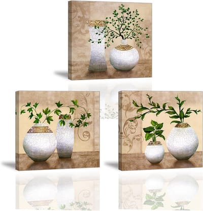 Famanu – Groene planten in vaas canvas muurkunst set van 3 (30x30 cm) – waterdichte canvas prints – echt houten lijst – cadeau voor interieur