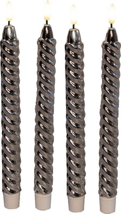 Anna's Collection LED dinerkaarsen - 4x st - zilver - glimmend - 25 cm - swirl - 3D vlam