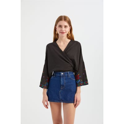 Geborduurde V-Hals Lange Mouwen Boho Blouse