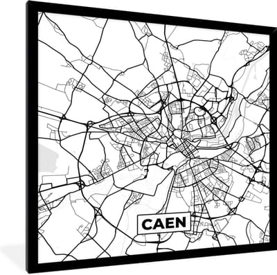 Fotolijst incl. Poster Zwart Wit- Stadskaart - Frankrijk - Kaart - Plattegrond - Caen - Zwart wit - 40x40 cm - Posterlijst