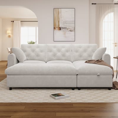 OKWISH Hoekbank 219 x 131 cm - Met Opbergruimte, Verplaatsbare Chaise Longue En Hocker - Fluweel - Beige