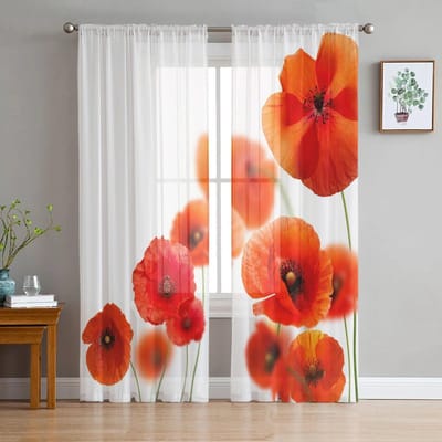 Jeugd Slaapkamer Transparante Gordijnen Retro Houtnerf Rode Klaprozen Keuken Studeerkamer Gordijnen Woonkamer Vakantie Decor Tule Gordijnen 135W x 160H(cm)