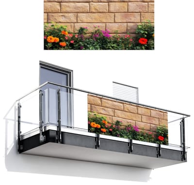 Balkonscherm 200x90 cm - Balkonposter Bloemen - Bakstenen - Kleurrijk - Balkon scherm decoratie - Balkonschermen - Balkondoek zonnescherm