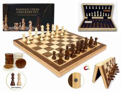 Magistro Chess Gambit - Magnetisch Schaakbord & Dambord- Opvouwbare houten schaakset met schaakstukken en damstenen- Schaakspel - Damspel - Extra Koningin - Massief eikenhout met gravure- 39cm