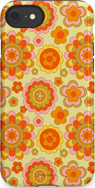 Casetastic Hoesje Geschikt voor Apple iPhone 7/8/SE - Stijlvolle Beschermende Duo-layer Case - Retro Oranje Bloemen