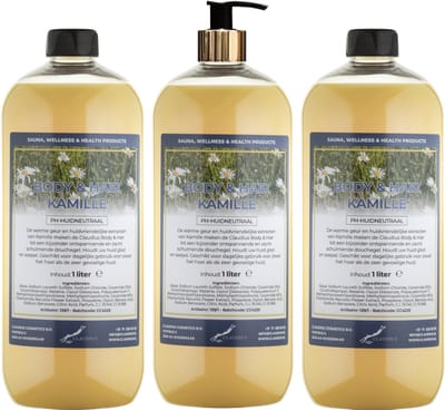 Body & Hair Kamille 1 liter met gouden pomp - set van 3 stuks - 2 in 1 voor lichaam en haar - voordeelverpakking
