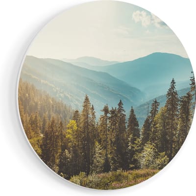 Artaza Forex Muurcirkel Bos Met Bomen In De Hoge Bergen - 50x50 cm - Klein - Wandcirkel - Rond Schilderij - Muurdecoratie Cirkel